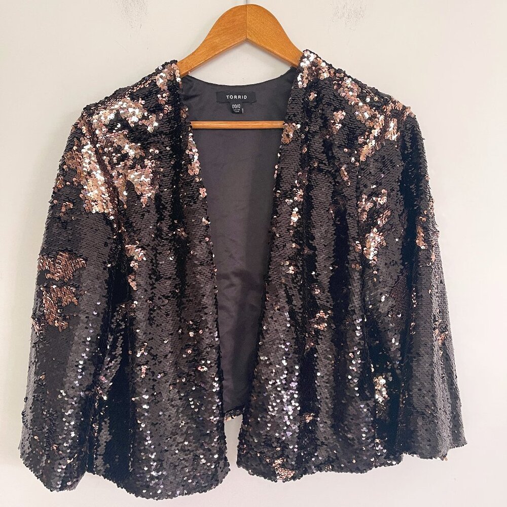 Torrid Womens Black Gold Sequin Sparkle Open Front Jacket Size 00/0 (10-12)